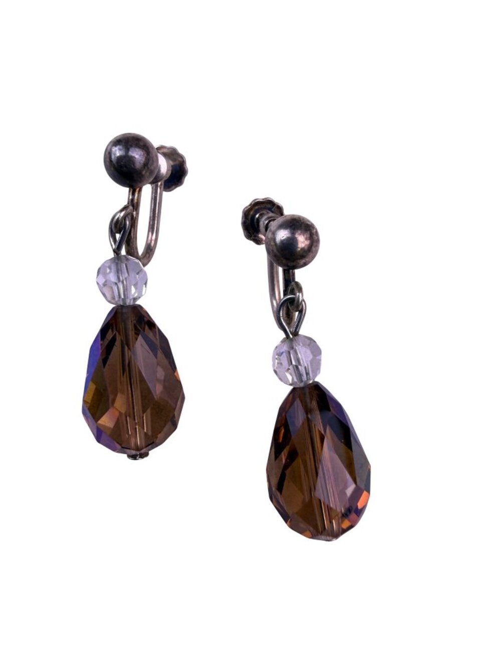 Vintage Women Amber Silver Tone Drop Screw Back Earrings Glass Crystal